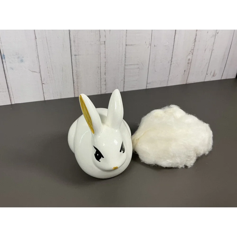 Vintage White Ceramic Bunny Rabbit Figurine Fluffy Tail Hand Painted Gold Ears